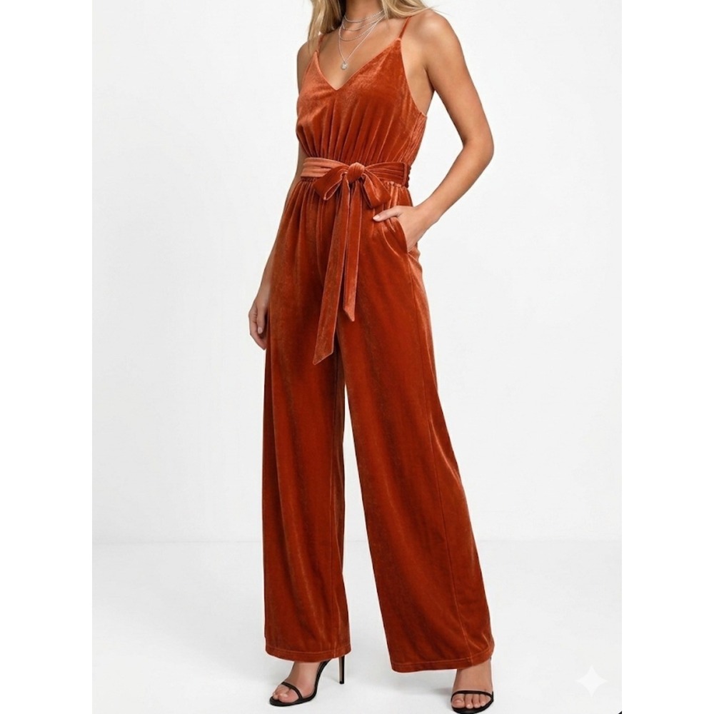 The Jet Set Diaries Jumpsuit Womens M Lash Out Copper Velvet Wide Leg 70s Boho